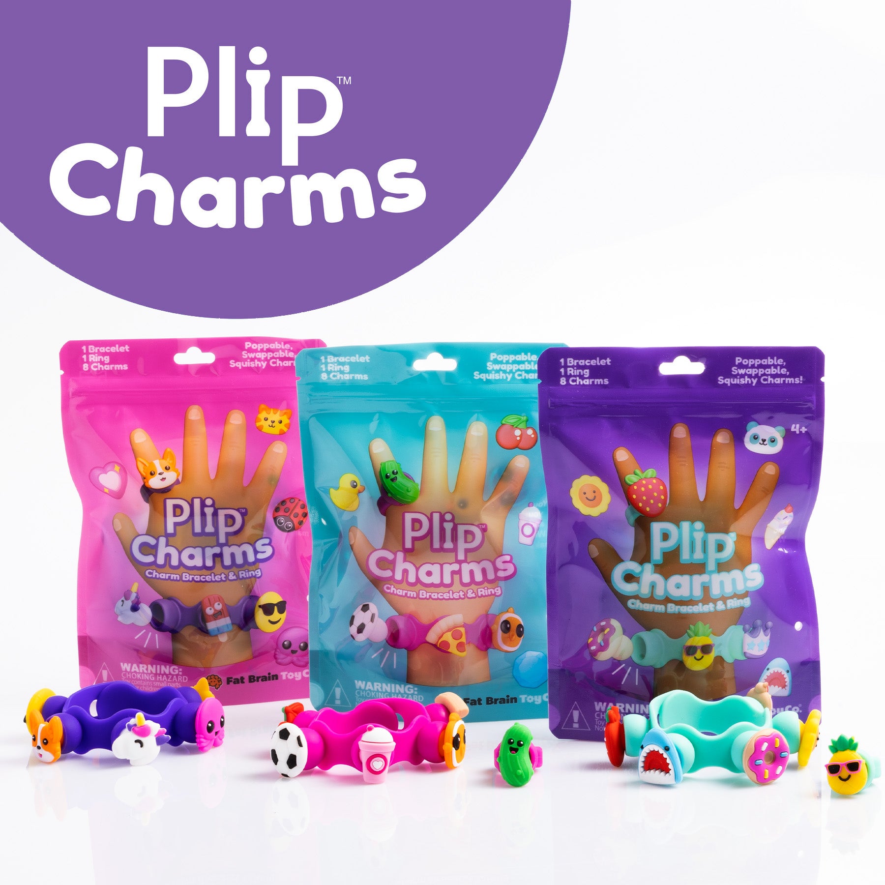 Plip Charms Packaging Purple, Pink, & Teal